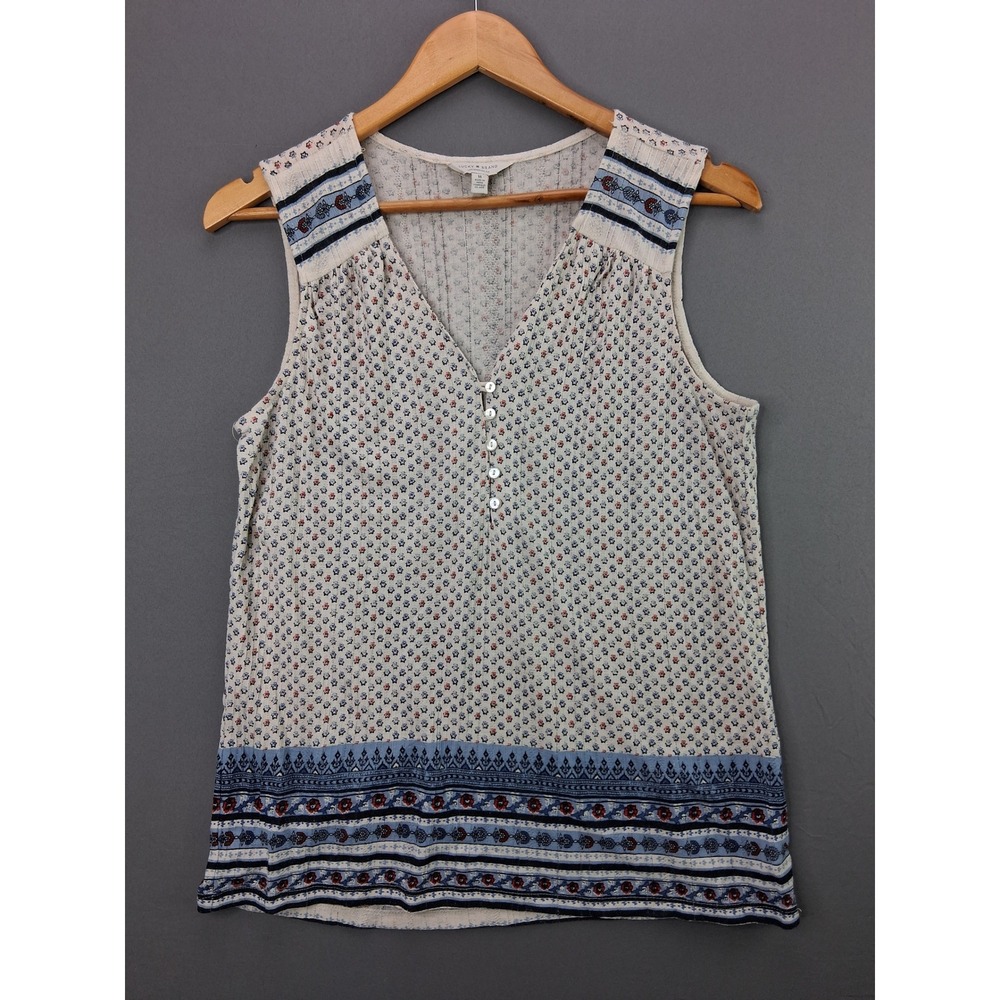 Lucky Brand Henley Tank Top Medium Cream Blue Floral Print Sleeveless V-Neck